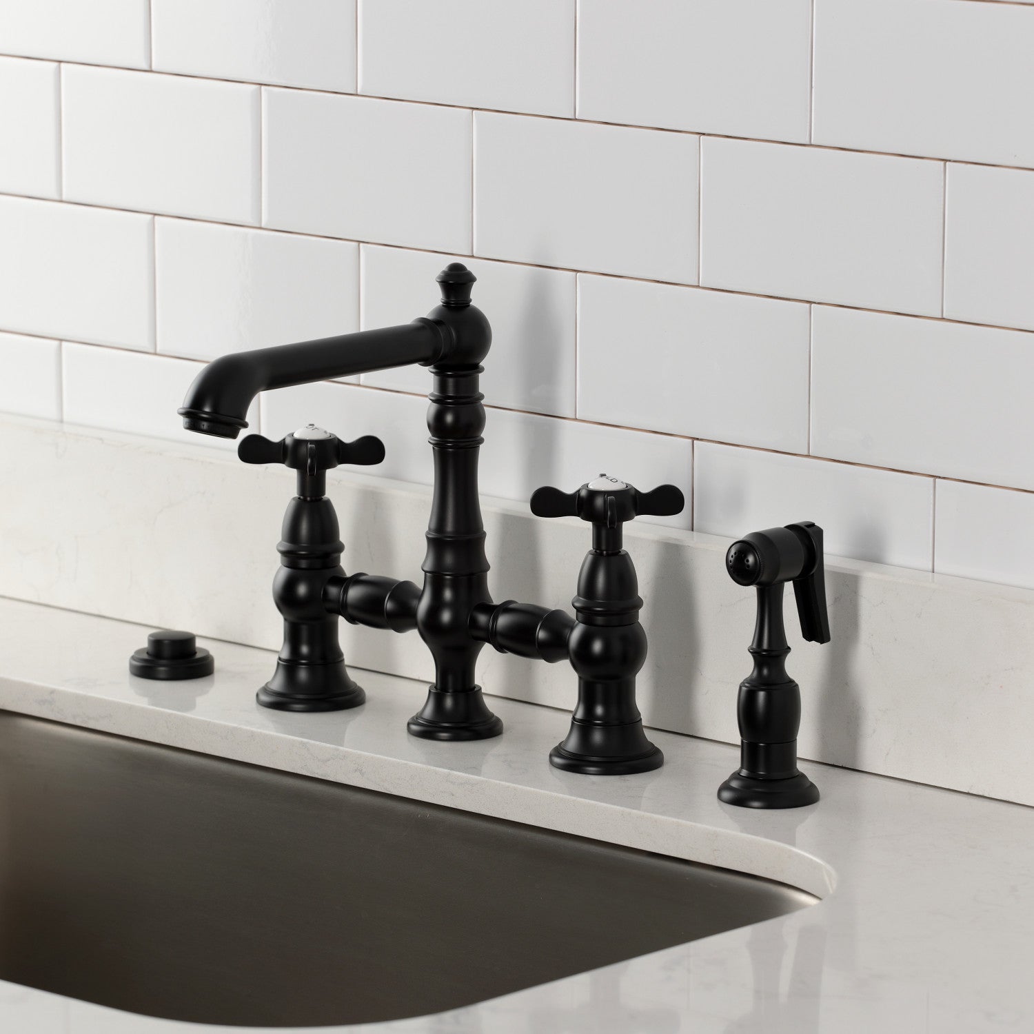 Kingston Tulare KS7270BEXBS - Essex Two-Handle 4-Hole Deck Mount Bridge Kitchen Faucet with Brass Sprayer, Matte Black — thumbnail 2